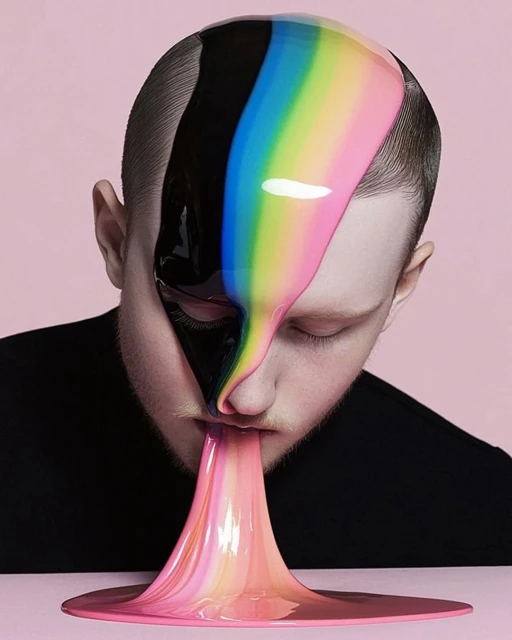 Man with black and rainbow paint flowing down face and from his mouth in a studio shot with a pink background and tabletop.