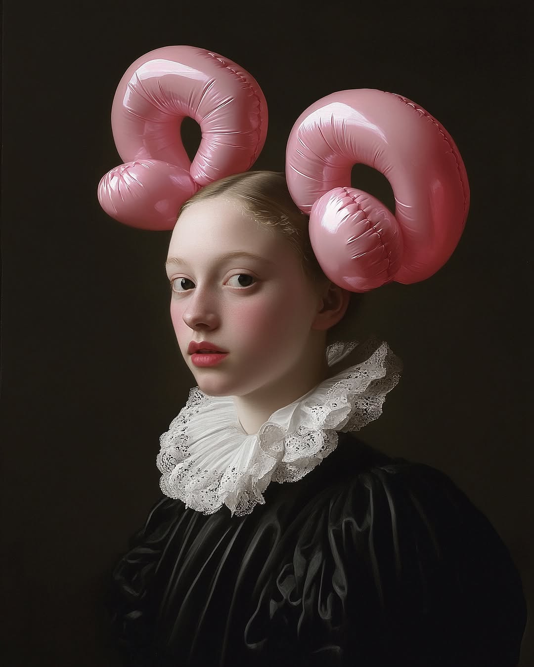 Classical-style portrait of a fair-skinned young woman with pink balloon headwear, wearing a black dress with ruffled white collar.