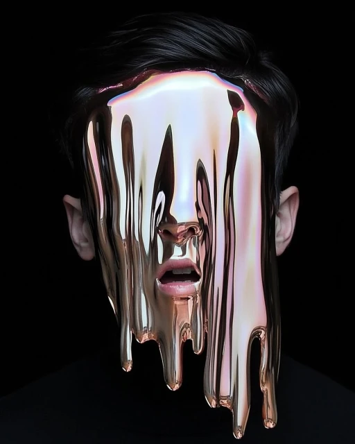 Portrait of a man with dark hair, partially covered by glossy liquid metal effect flowing over the face in a dark studio setting.