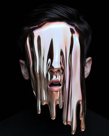 Portrait of a man with dark hair, partially covered by glossy liquid metal effect flowing over the face in a dark studio setting.