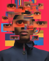 Surreal digital collage portrait of a Black woman with floating rectangular eye cutouts and colorful abstract hair elements against a bright pink background