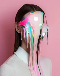 Close-up portrait of a woman with liquid multicoloured metallic paint dripping down and completely covering her face against a pink background.