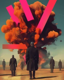 Several figures in dark coats facing a massive orange explosion in a desert landscape under abstract pink geometric bars