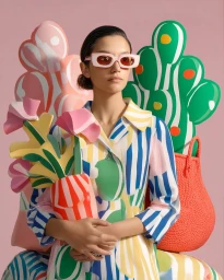 Woman in pink sunglasses and colourful striped shirt holding a vase against a stylized pink background with plant props