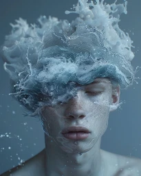 Close-up portrait of a young man with a crown of splashing liquid and water flowing over his face by Clemens Maurer