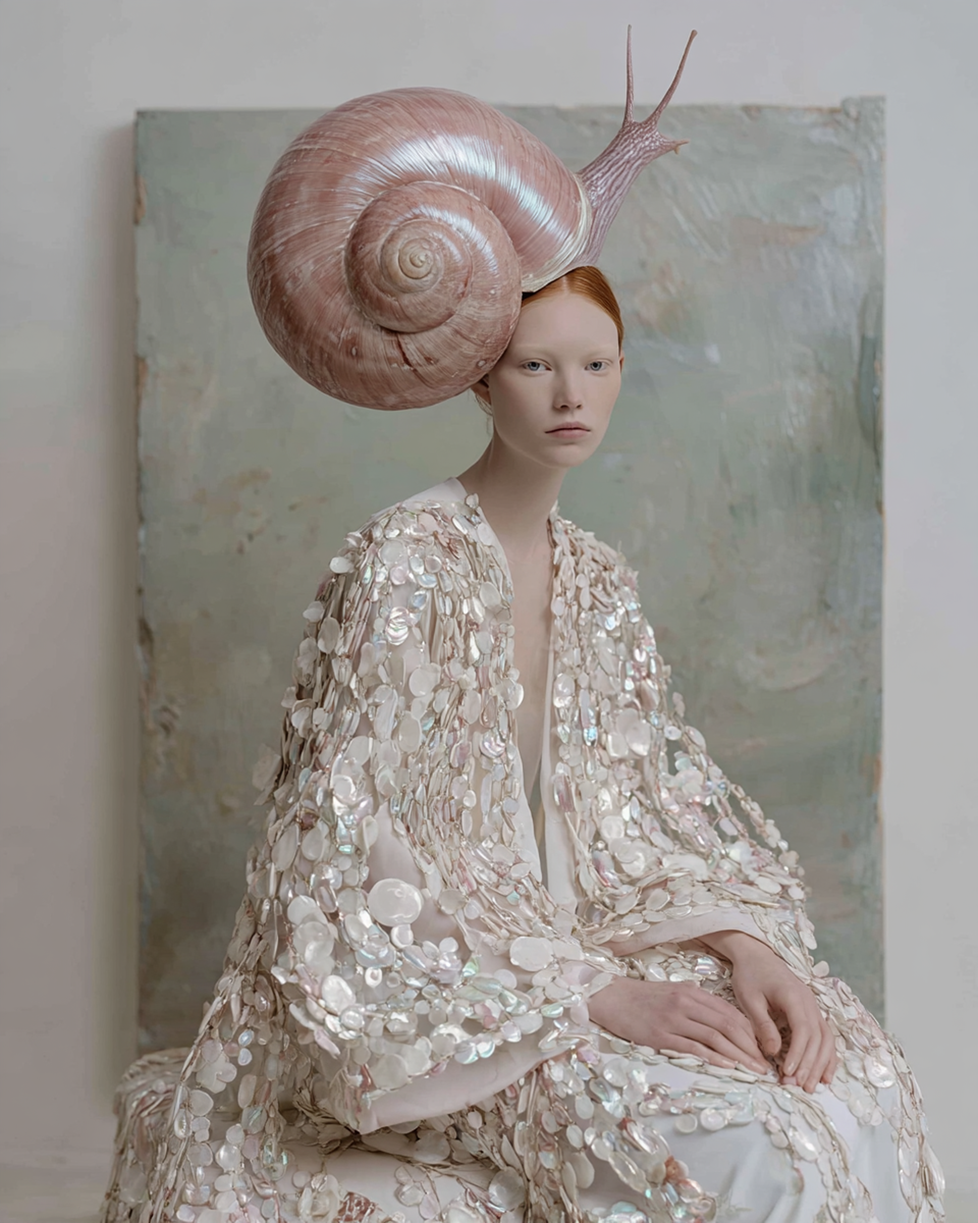 Woman wears iridescent snail hat with floral dress in a fine art photography studio portrait against a mottled textured backdrop.