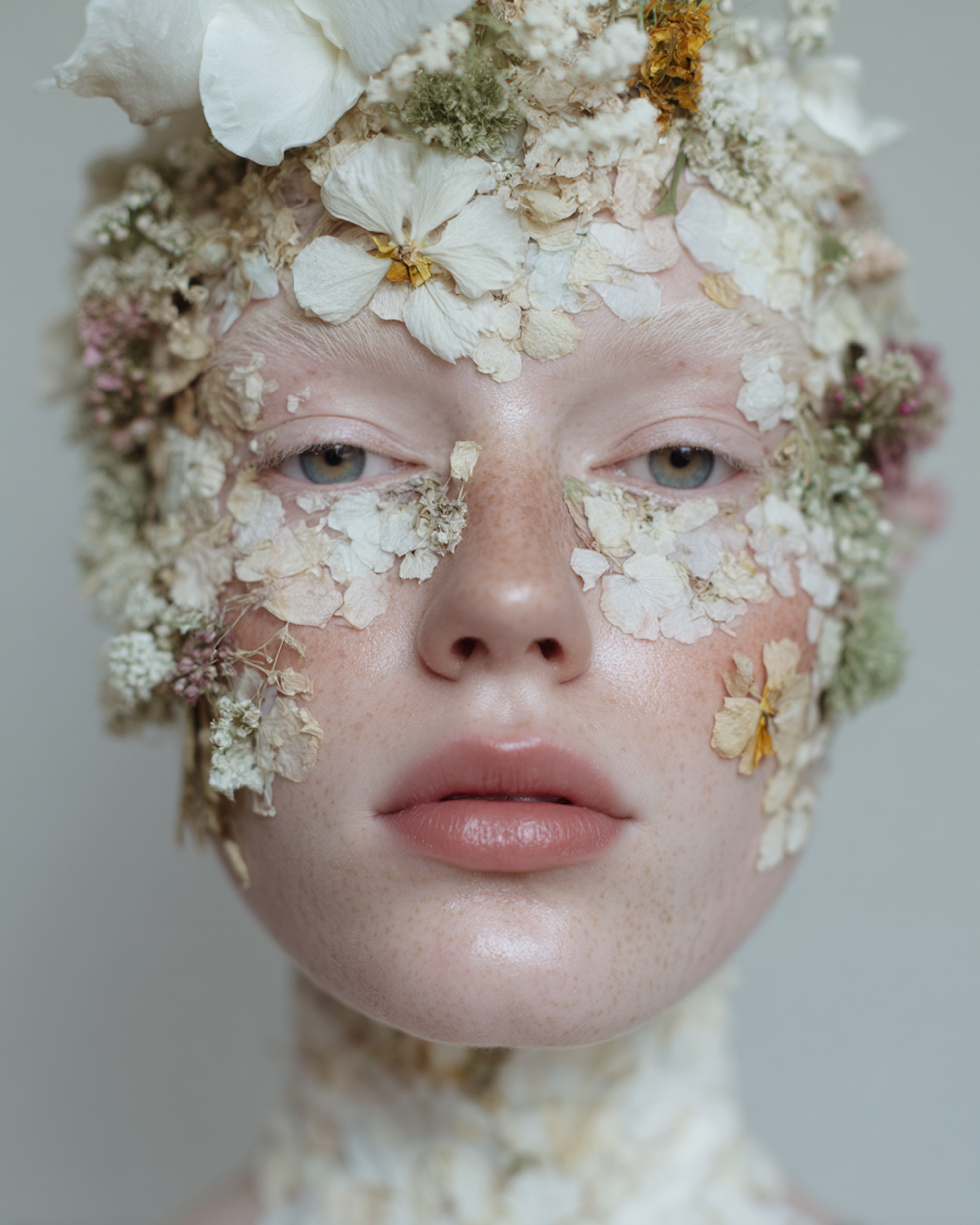 Artistic close-up portrait of an albino woman's face and shoulders adorned with an elaborate arrangement of dried flowers and petals.