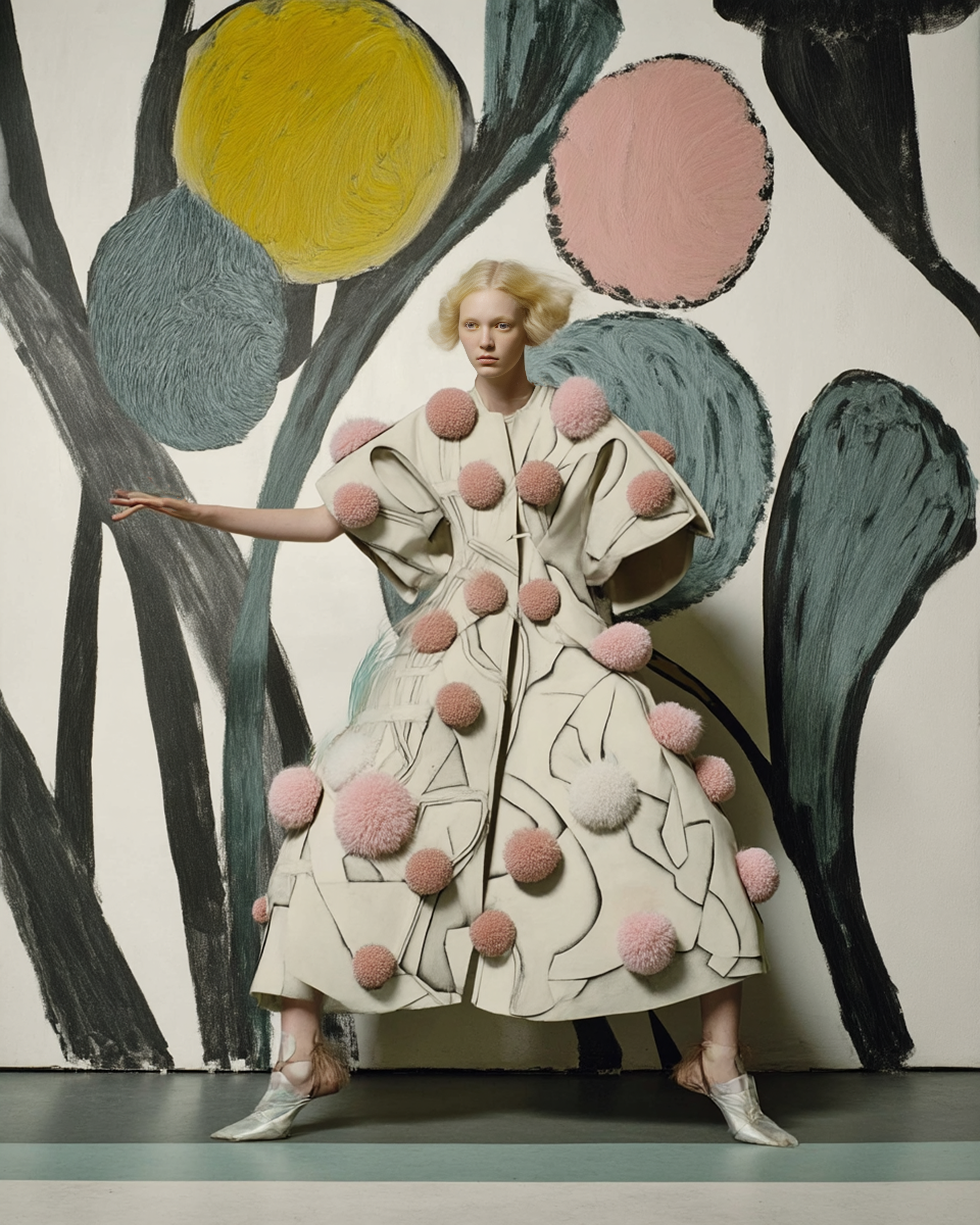 Fashion shot of a model in an avant-garde pompom dress against a painted backdrop with colorful circles, shot in a photo studio.