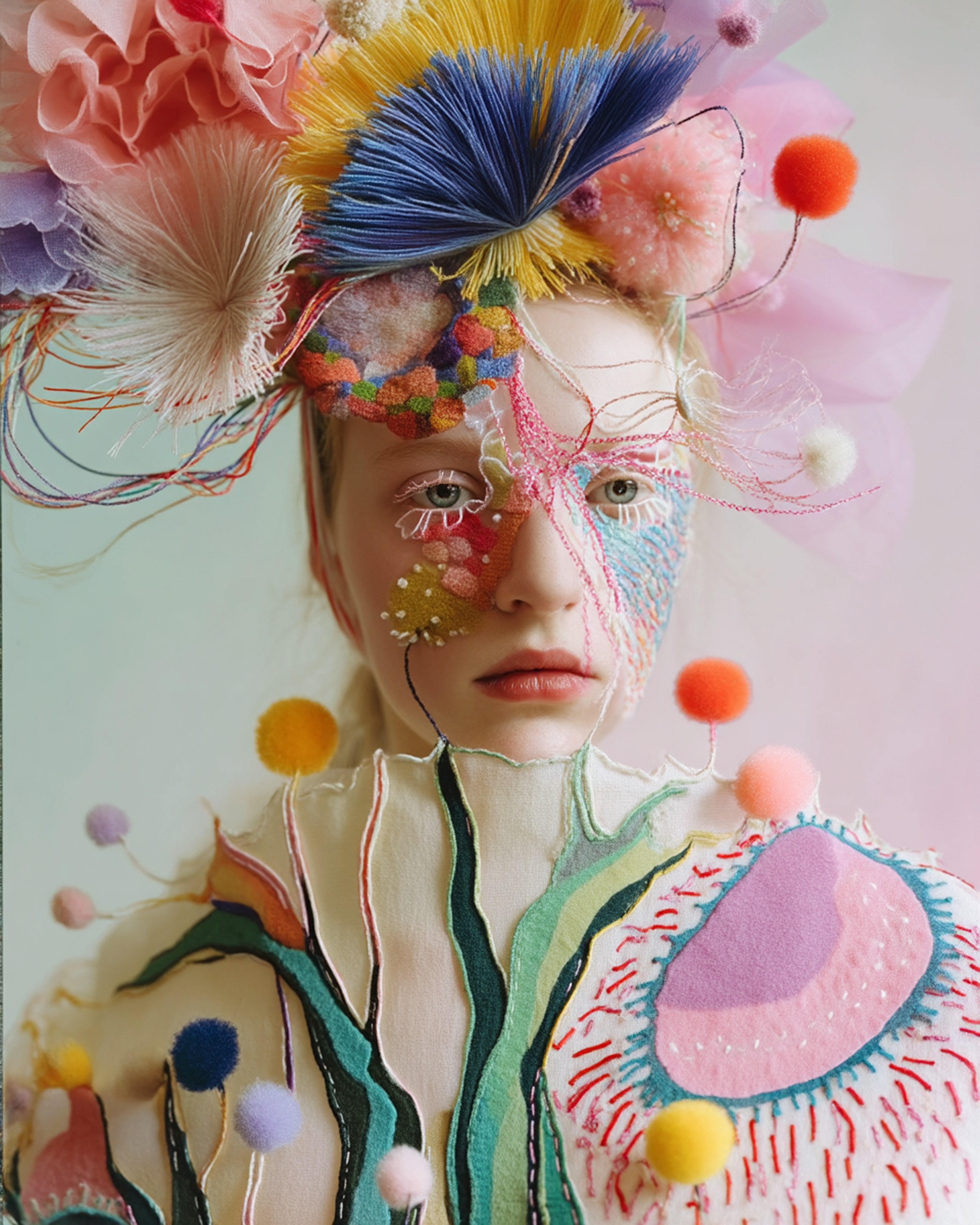 Woman with colorful floral headpiece and embroidered face art in a surreal fashion portrait against a soft, gradient background.