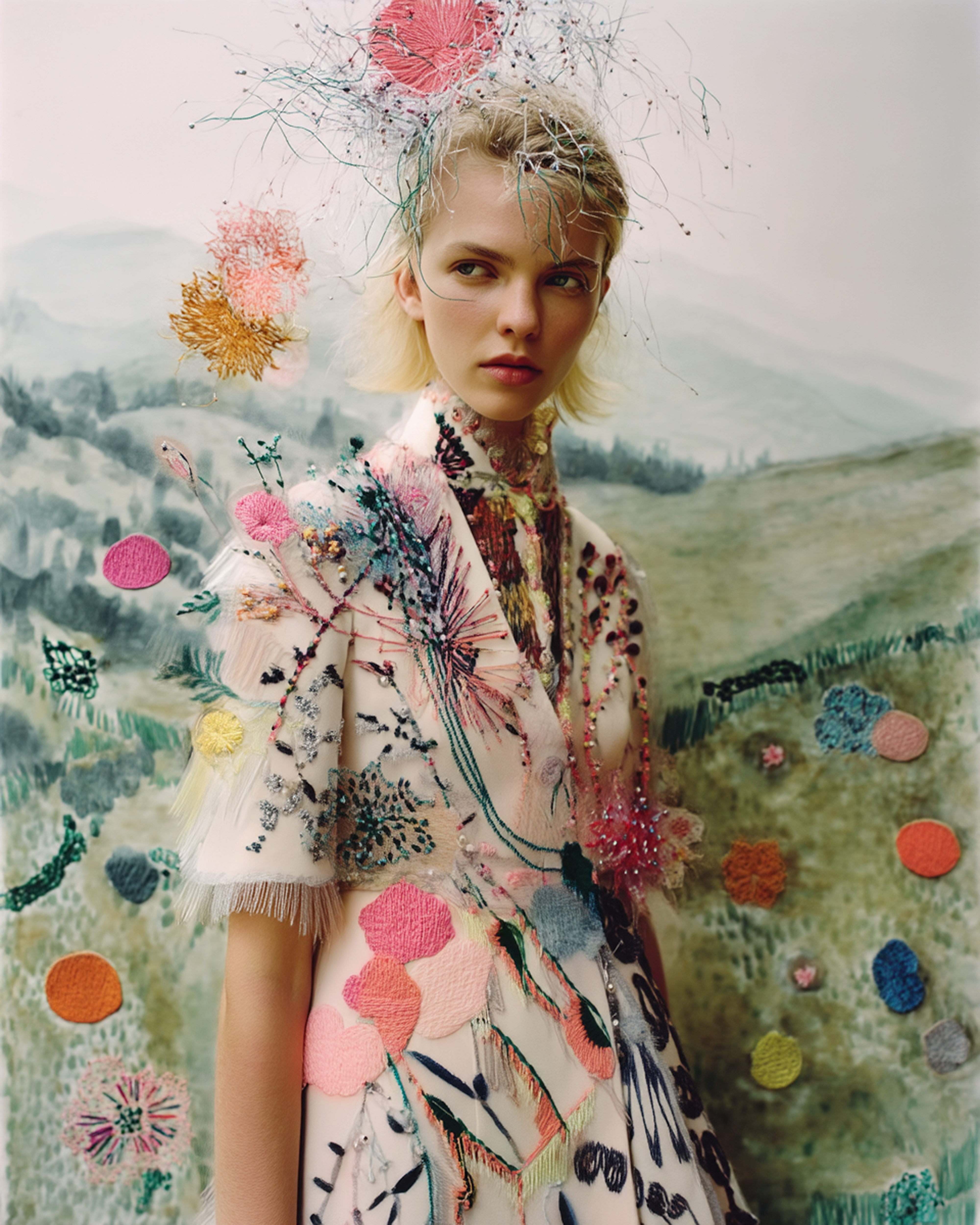Woman in embroidered floral dress with floral headdress in front of watercolor-style landscape, medium shot, fashion editorial.