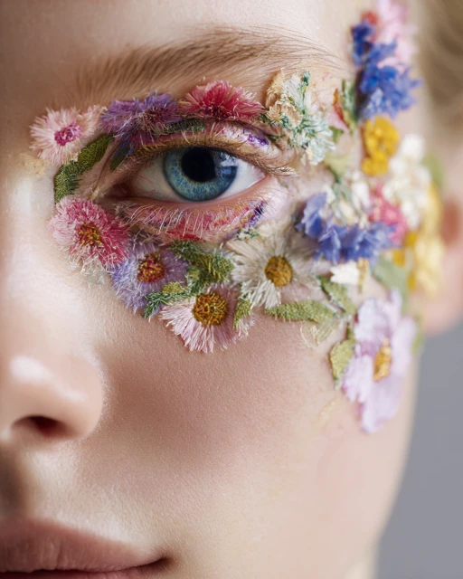 Close-up of a woman's face with colorful flowers around her eye, creating a vibrant and natural beauty-themed artistic makeup look.