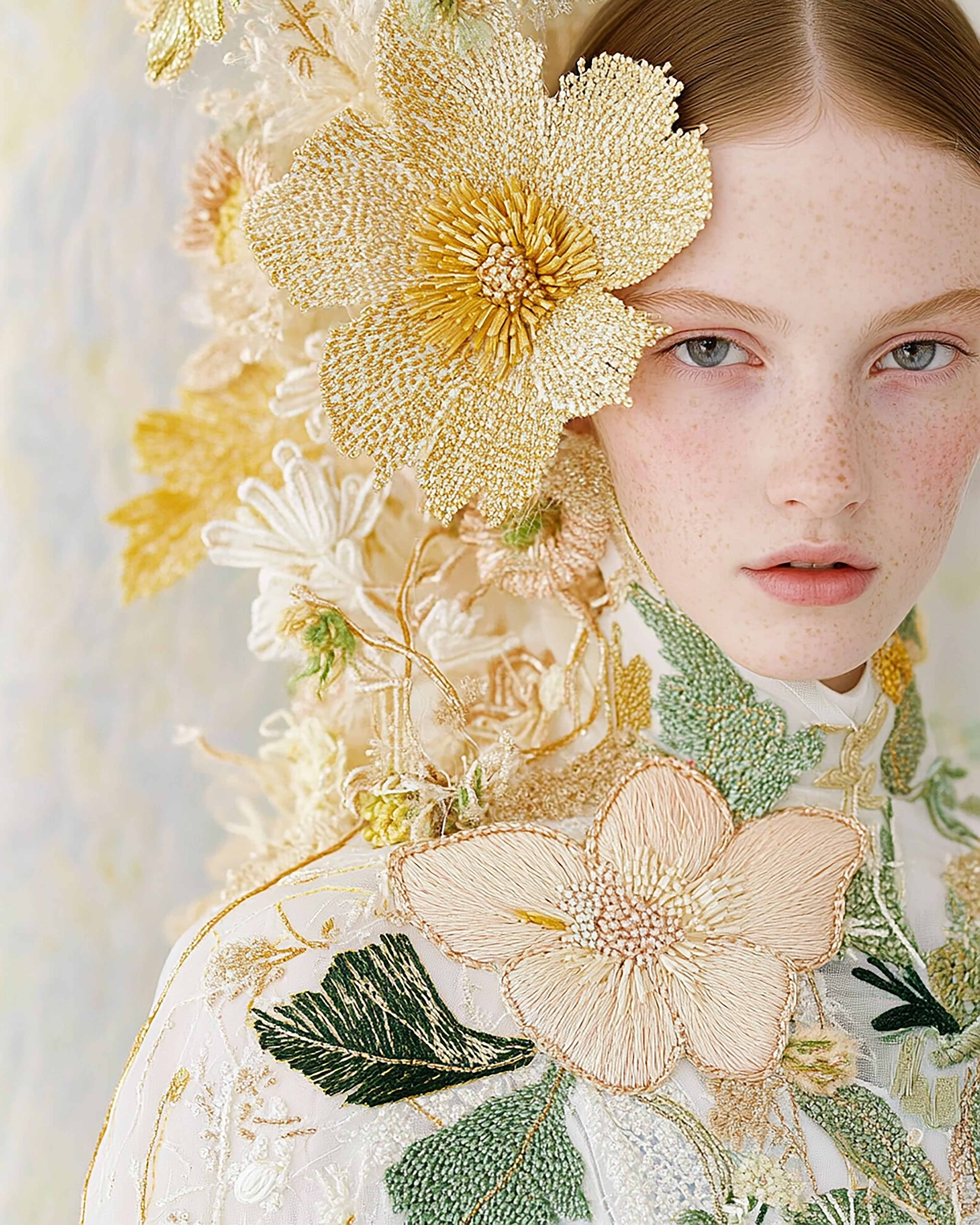 Woman with pale skin and red hair, adorned with embroidered floral headpiece and dress, striking a pose in a fashion setting.