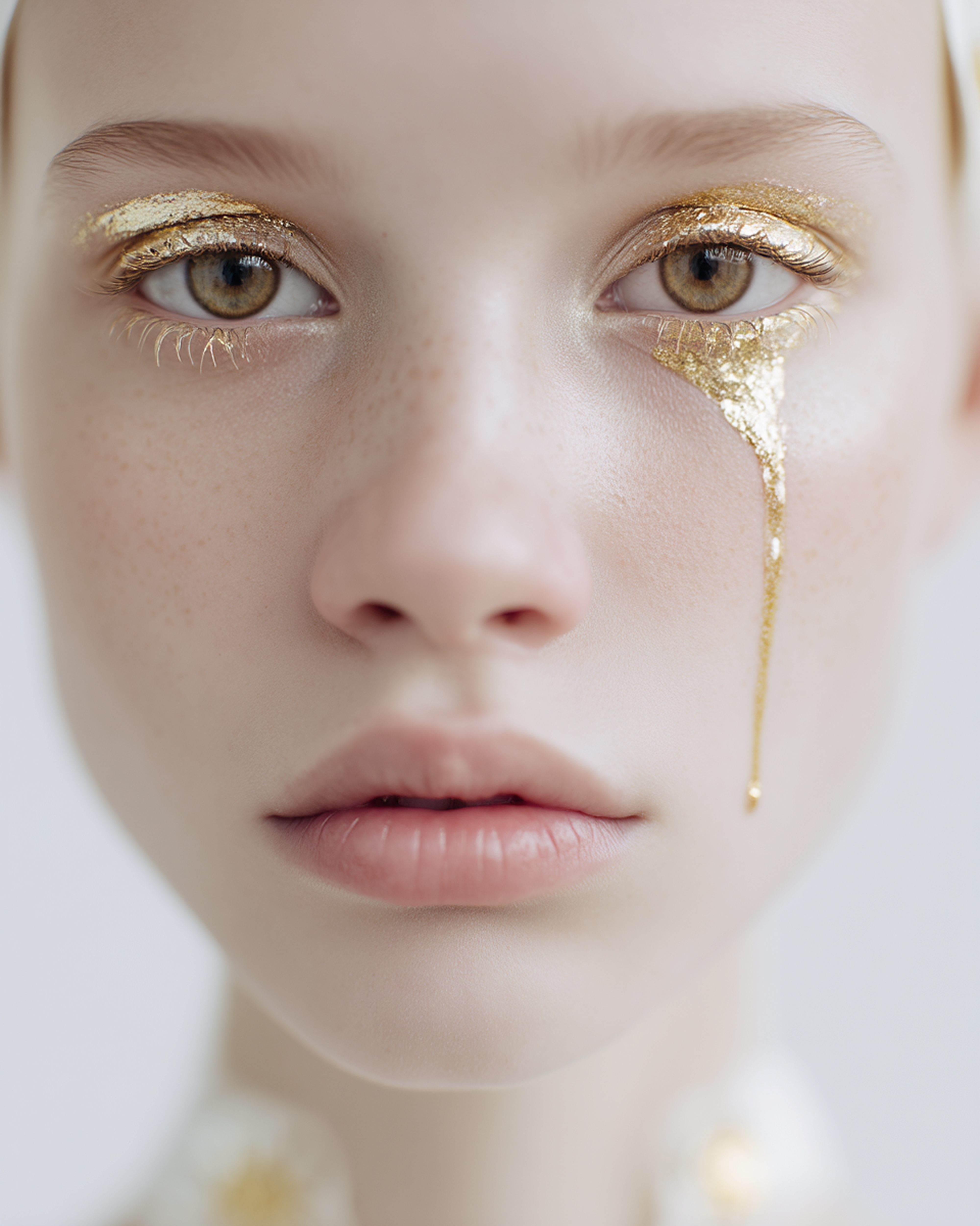 Close-up portrait of a woman with gold leaf makeup on her eyelids and dripping down her face against a stark white background.