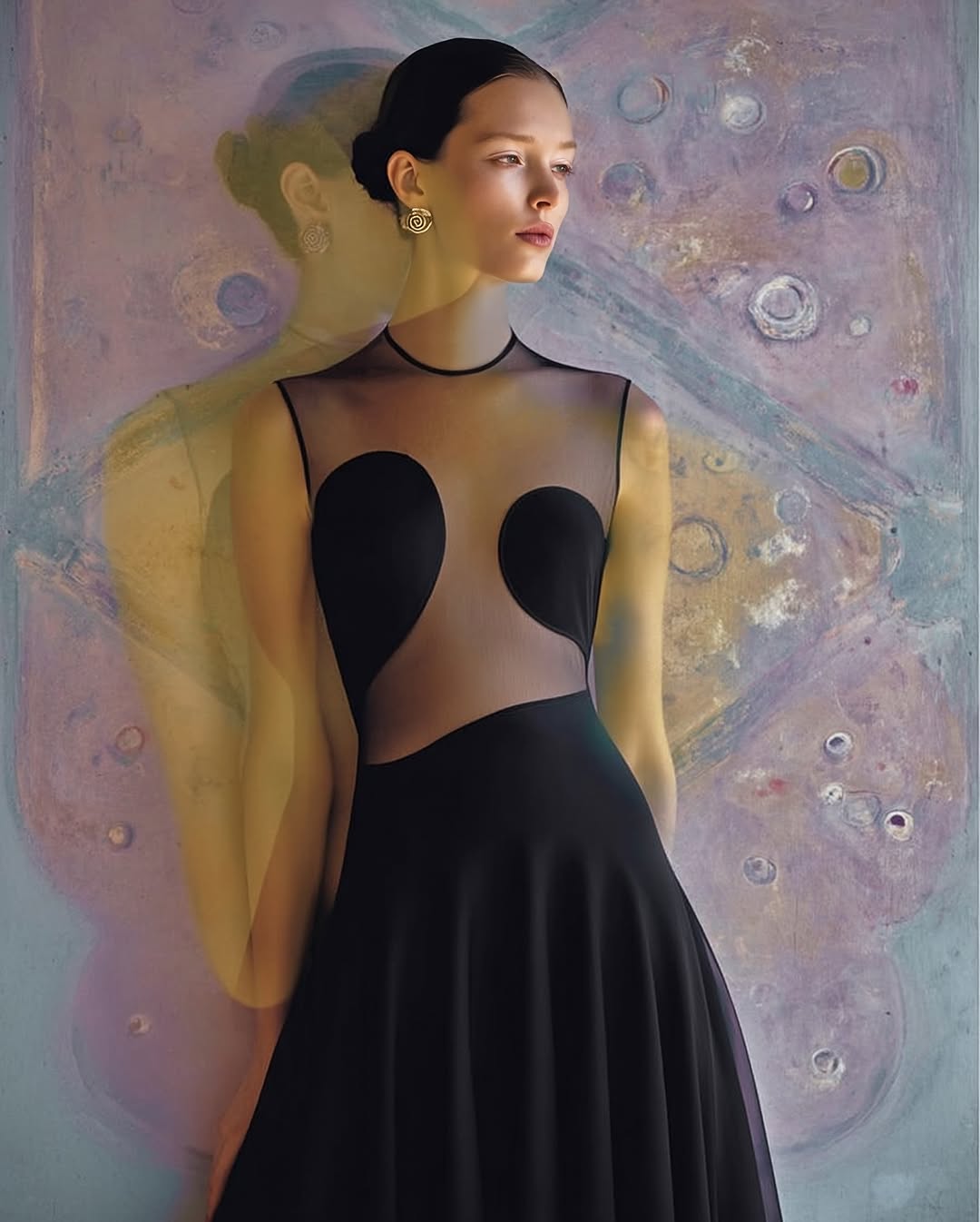 Elegant woman in black dress poses in front of colorful abstract painting. Fashion, beauty, and art converge in this portrait.