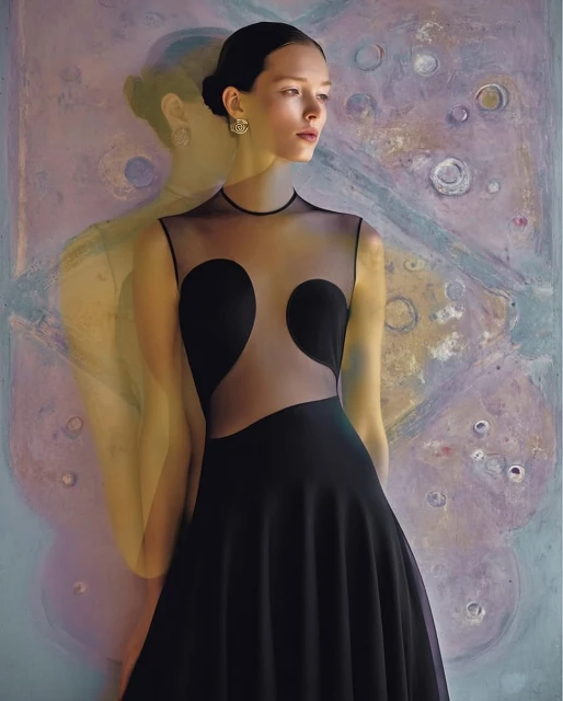 Elegant woman in black dress poses in front of colorful abstract painting. Fashion, beauty, and art converge in this portrait.