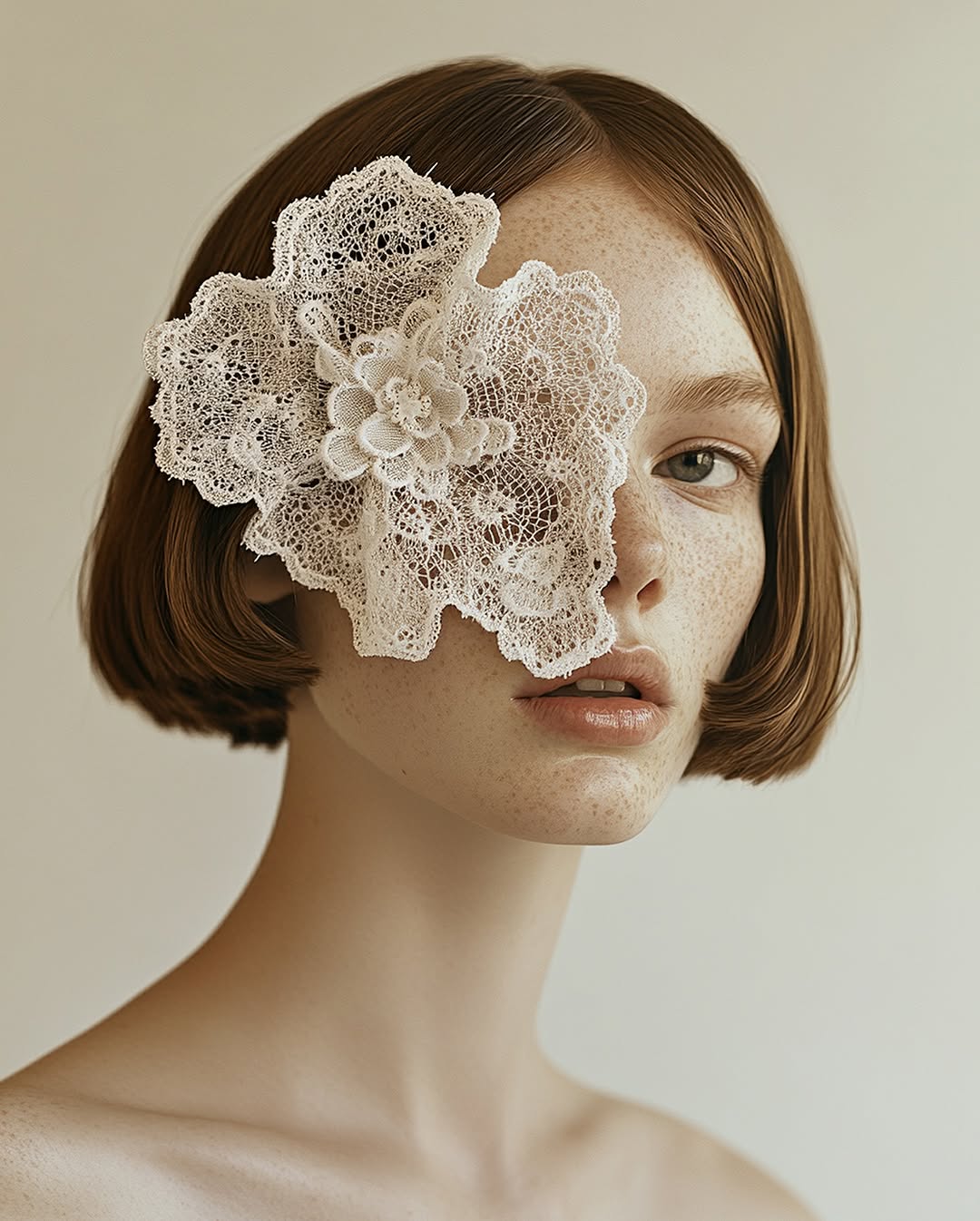Close-up studio portrait of a young adult female with red hair and freckles, wearing a large white lace eye covering, against a light background.