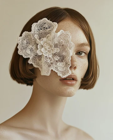 Close-up studio portrait of a young adult female with red hair and freckles, wearing a large white lace eye covering, against a light background.