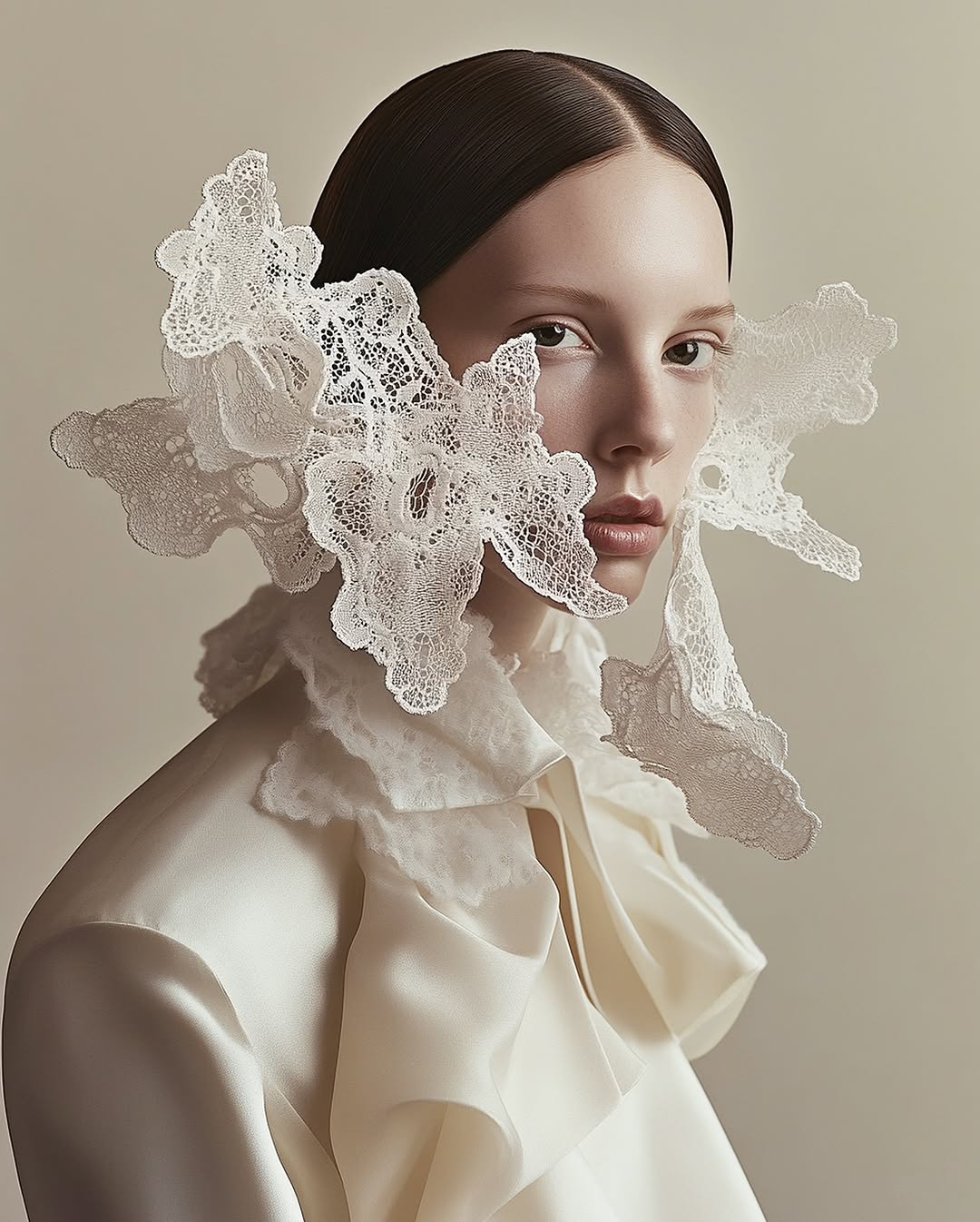 Close-up portrait of a young woman with dark hair wearing a ruffled collar and lace ornamentation in a fashion setting. Neutral background.