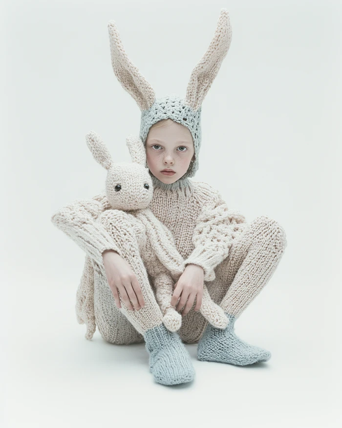 Child wearing a knit bunny ear hat and sweater holding a matching plush toy against a plain white background
