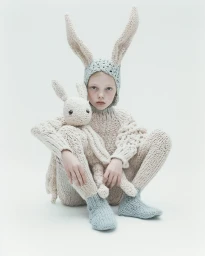 Child wearing a knit bunny ear hat and sweater holding a matching plush toy against a plain white background