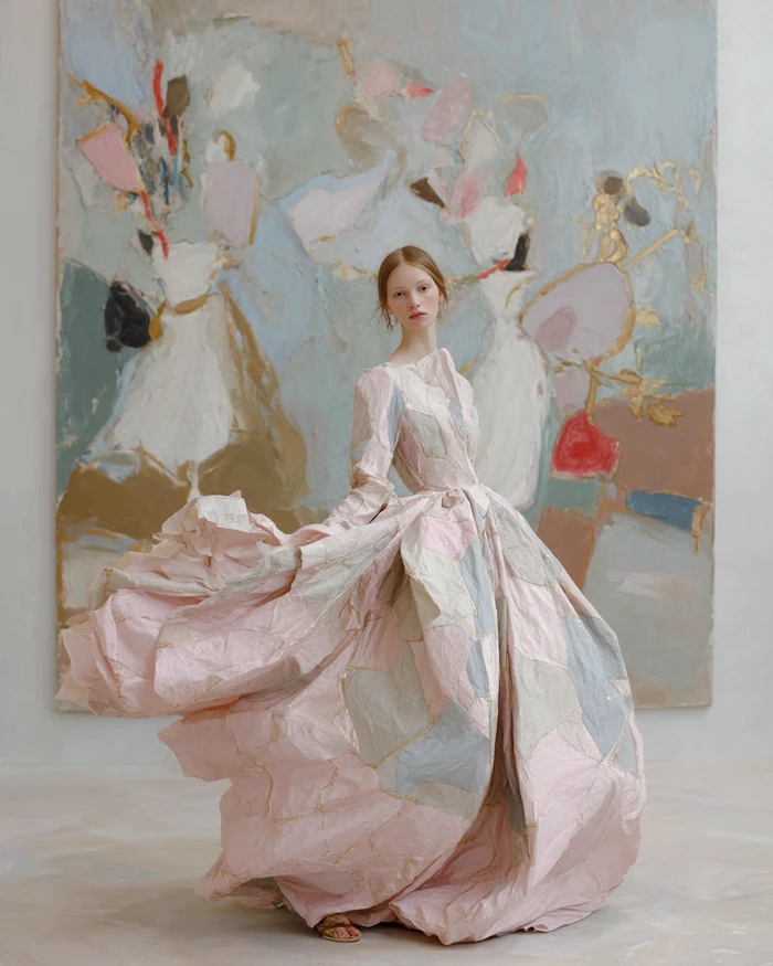 Model wearing a voluminous pink and white patchwork gown standing before a large abstract painting.