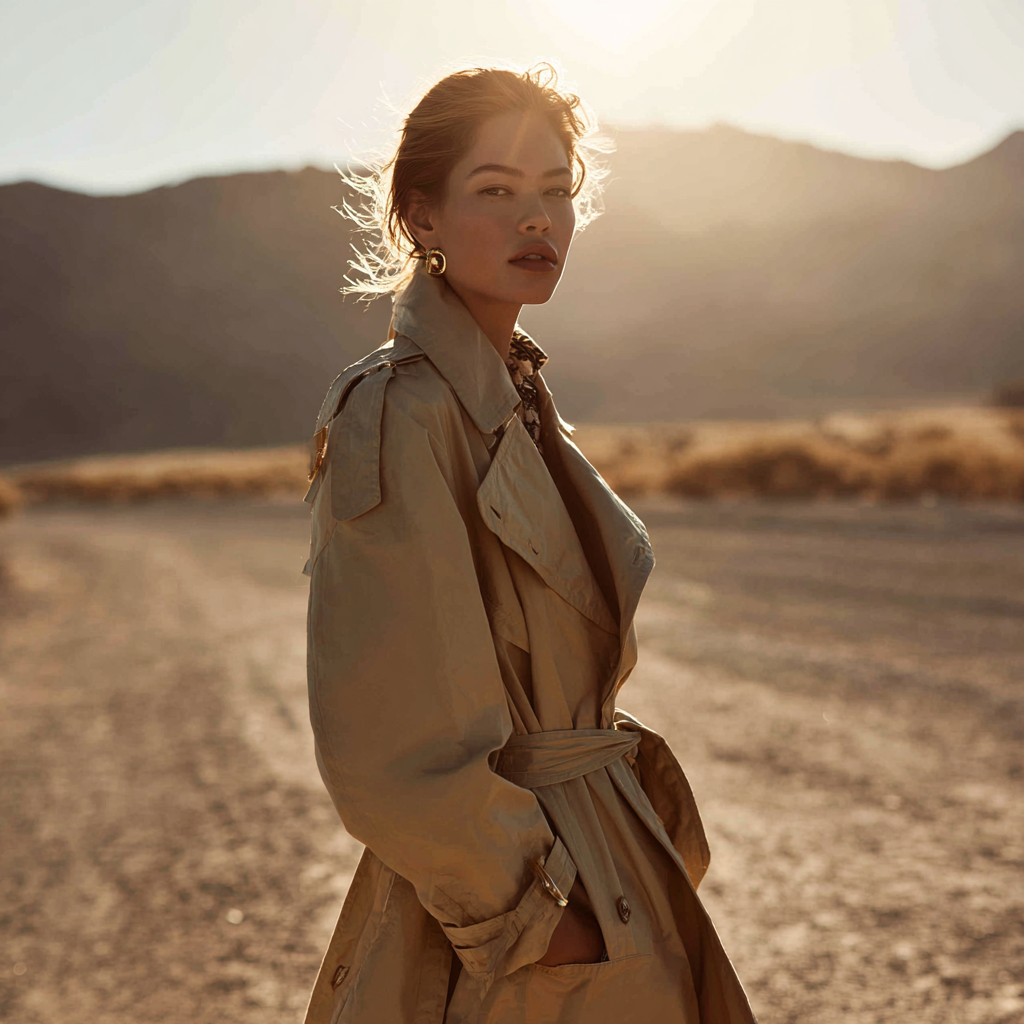 Fashion photography portrait of woman in trench coat standing in desert landscape during daytime with mountains in background and neutral colors.