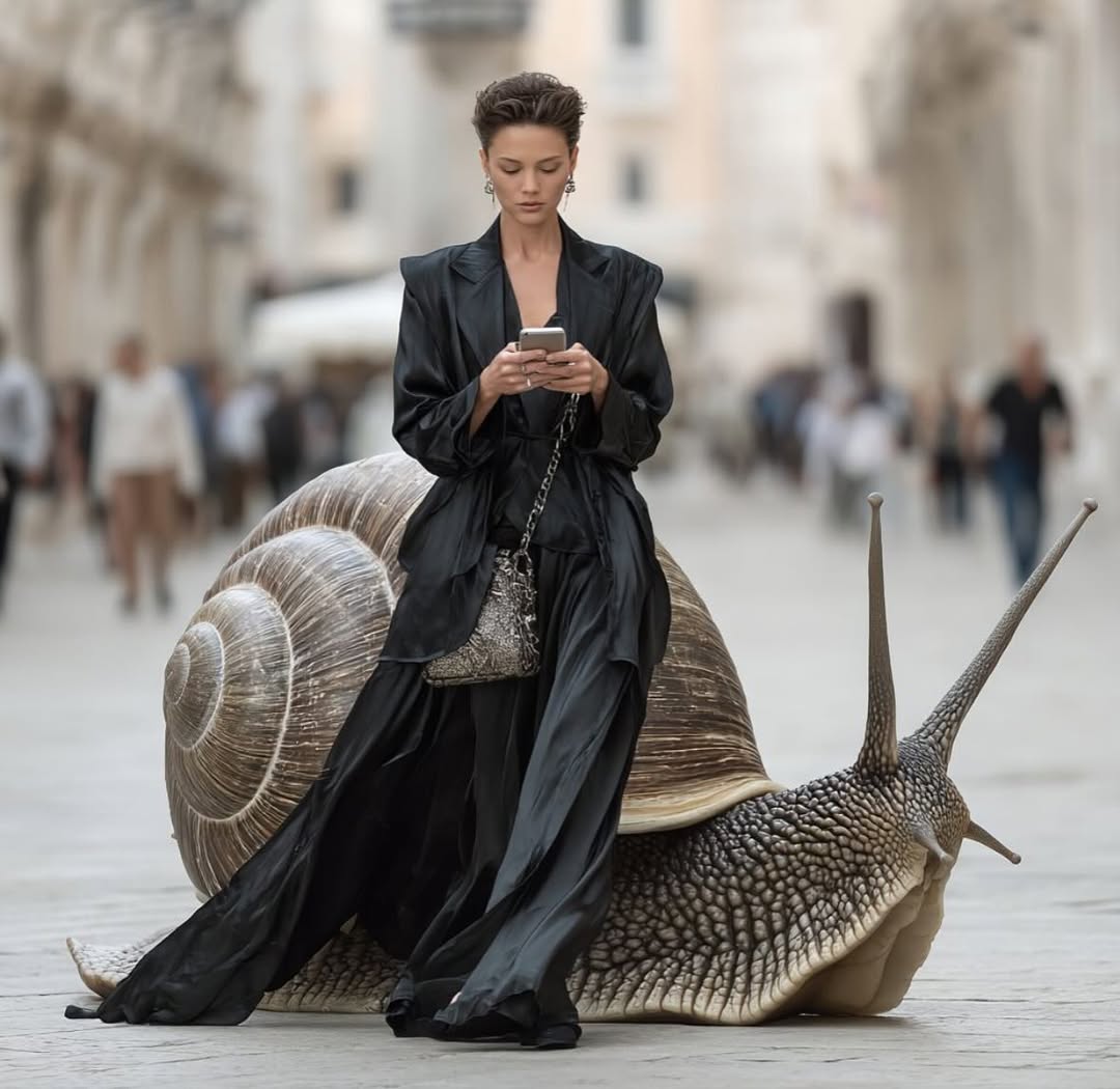Woman in black outfit interacts with her smartphone while perched atop an enormous snail on a blurred city street. 