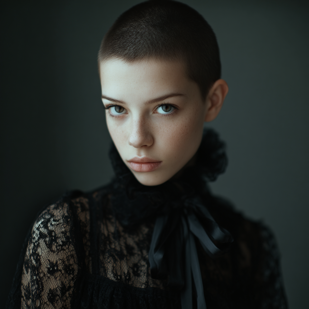 Close-up portrait of a young woman with a shaved head wearing a black lace top with ribbon, against a dark grey background.