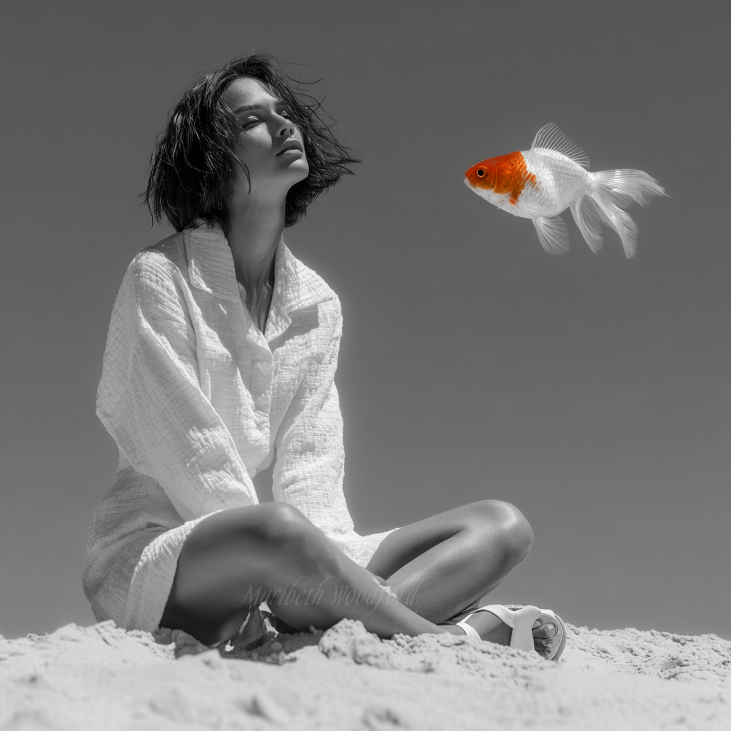 Monochrome photograph of a woman in a white robe sitting on a sandy surface next to a goldfish floating in the air.
