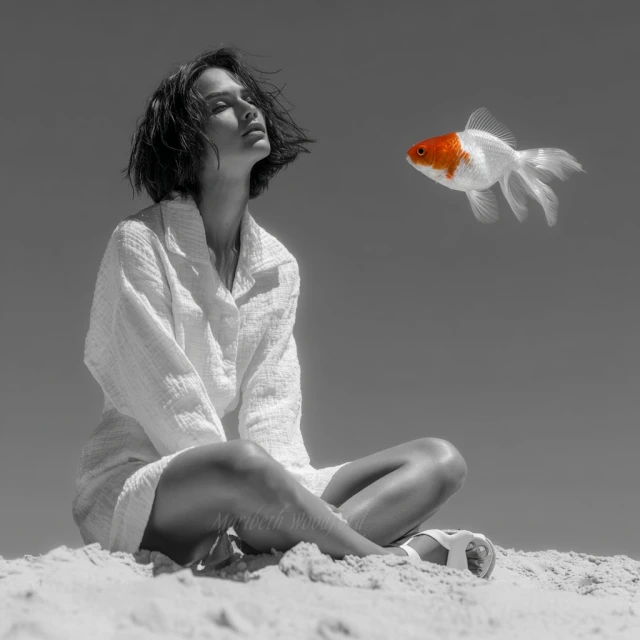 Monochrome photograph of a woman in a white robe sitting on a sandy surface next to a goldfish floating in the air.