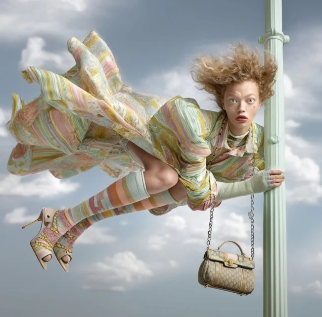 Woman in patterned dress and knee-high socks poses next to a light post, holding a purse against a cloudy sky backdrop.