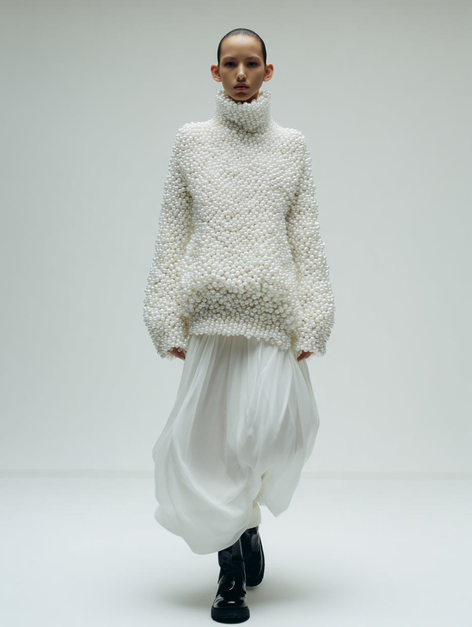 Woman walks in a runway wearing a white embellished turtleneck sweater and a long, sheer skirt with chunky black boots, studio lighting.