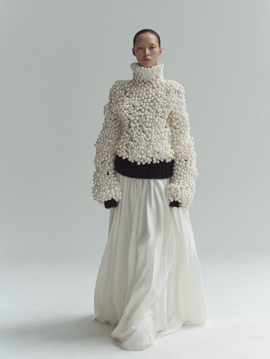 A woman in a pearl-embellished sweater and long skirt stands in a studio, radiating minimalist fashion against a pale backdrop.