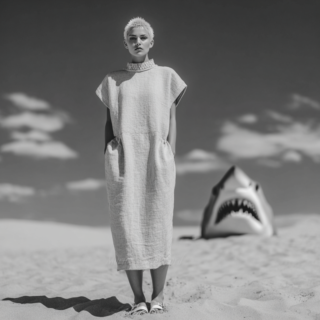 Black and white image of a woman in a textured midi tunic dress standing on sand dunes with a shark head emerging in the background.