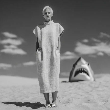 Black and white image of a woman in a textured midi tunic dress standing on sand dunes with a shark head emerging in the background.