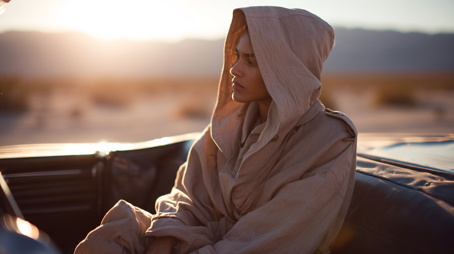 A woman with fair skin wearing a hooded beige coat sits in a dark car, looking off into the desert landscape during golden hour.