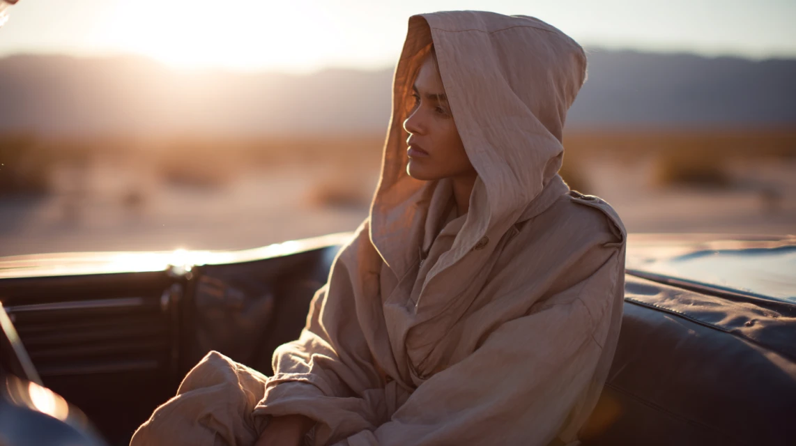 A woman with fair skin wearing a hooded beige coat sits in a dark car, looking off into the desert landscape during golden hour.