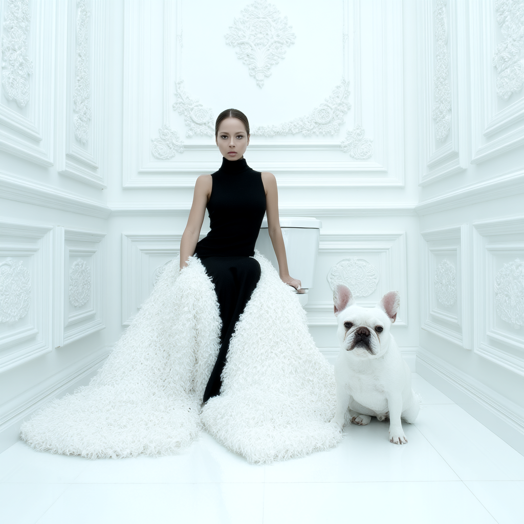 Woman in black dress and furry skirt poses indoors with a white dog in all white room with decorative molding and tile floor.