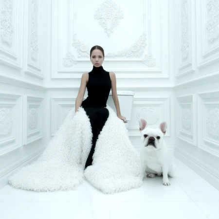 Woman in black dress and furry skirt poses indoors with a white dog in all white room with decorative molding and tile floor.