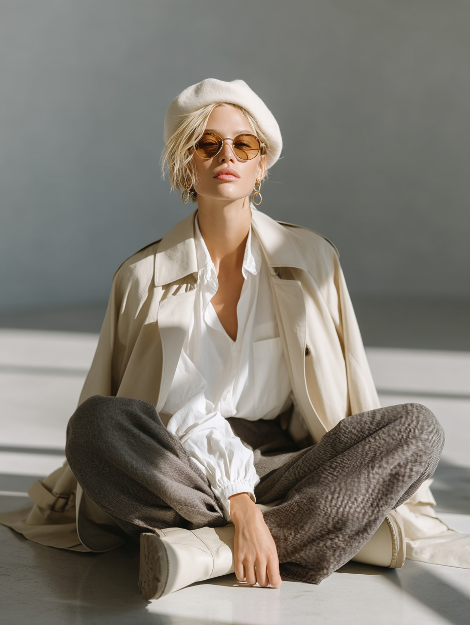 A woman with short blonde hair, wearing sunglasses and a beret, sits cross-legged in a trench coat and blouse against a grey background.