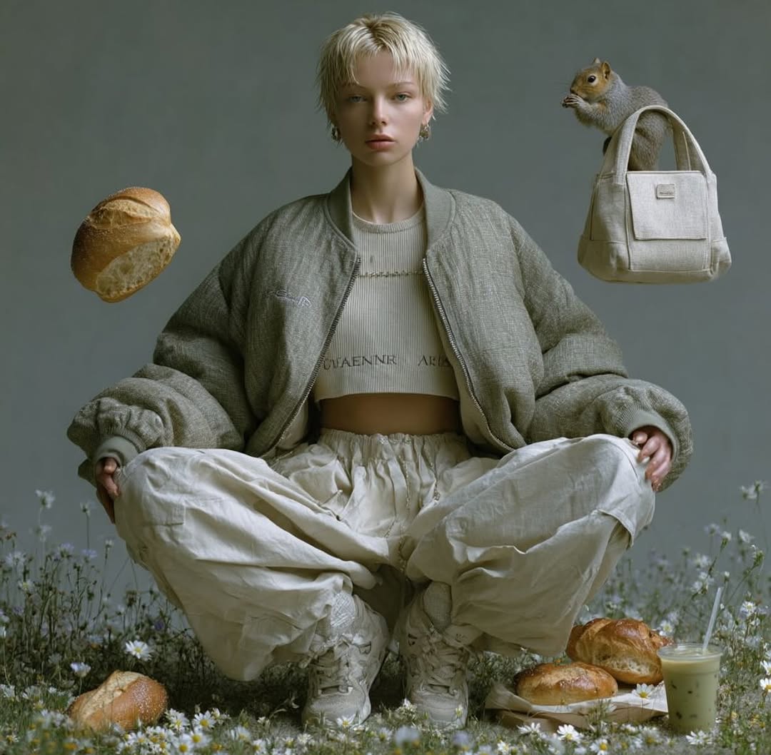 Young woman in neutral athletic wear crouching on daisies, with bread and a squirrel in a tote bag, set against a grey background.