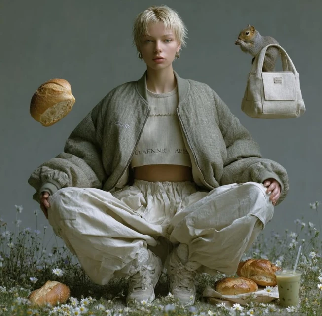 Young woman in neutral athletic wear crouching on daisies, with bread and a squirrel in a tote bag, set against a grey background.