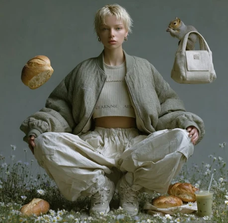 Young woman in neutral athletic wear crouching on daisies, with bread and a squirrel in a tote bag, set against a grey background.