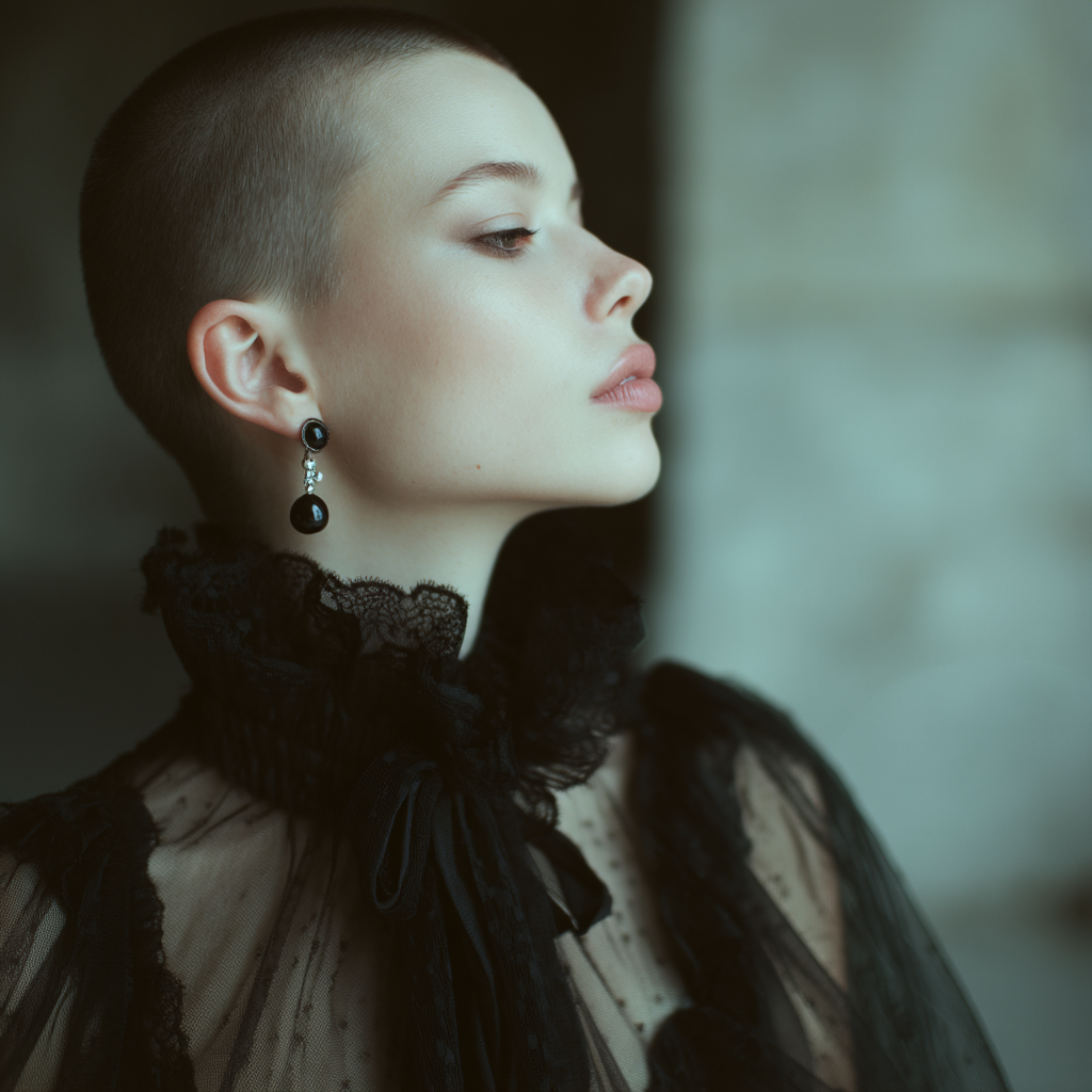 Close-up profile of a young woman with a shaved head wearing sheer black top and statement earrings against a neutral indoor backdrop.
