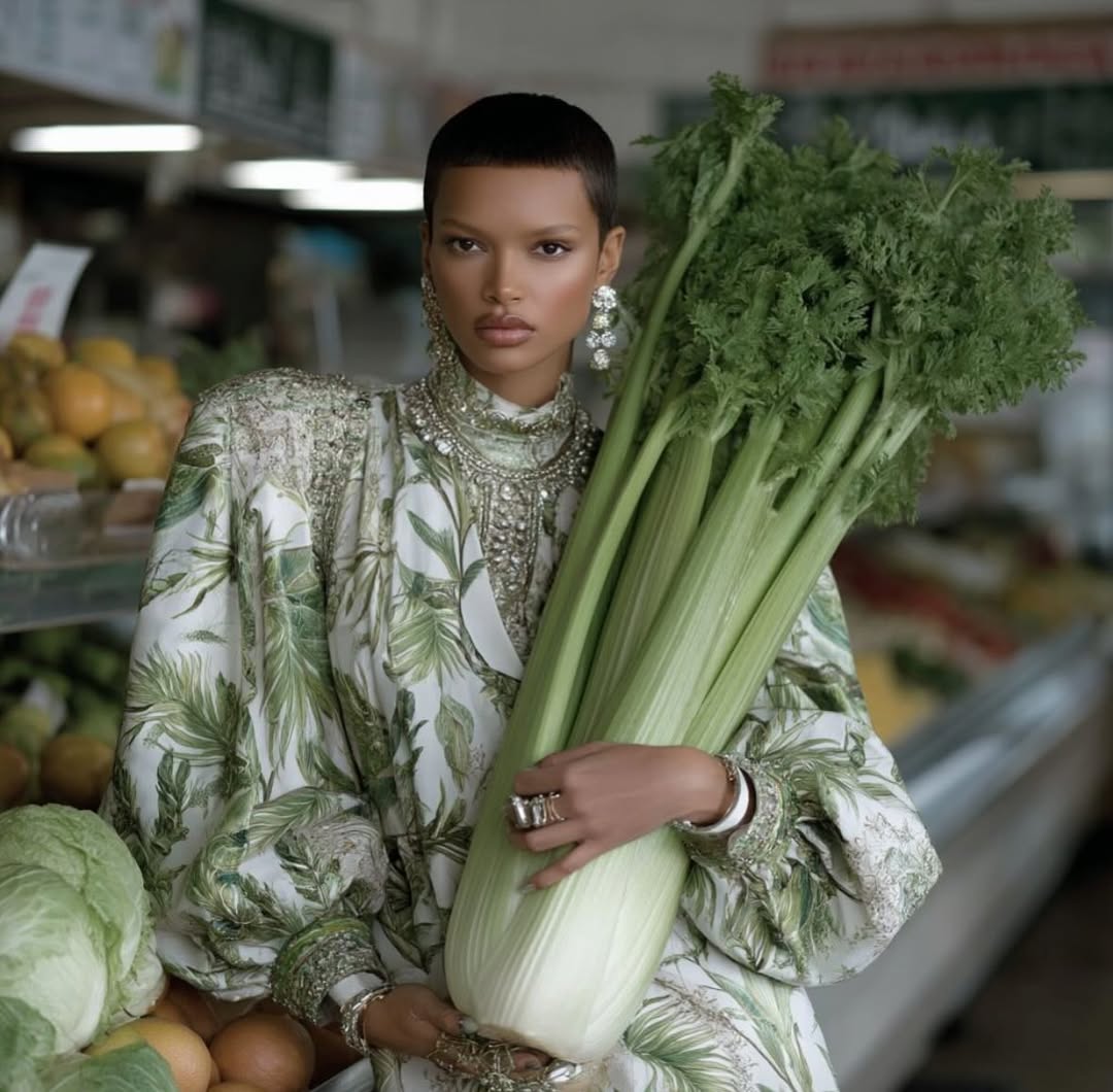 Woman with short hair poses indoors in patterned dress, holding large celery stalk near produce, wearing large earrings and rings.