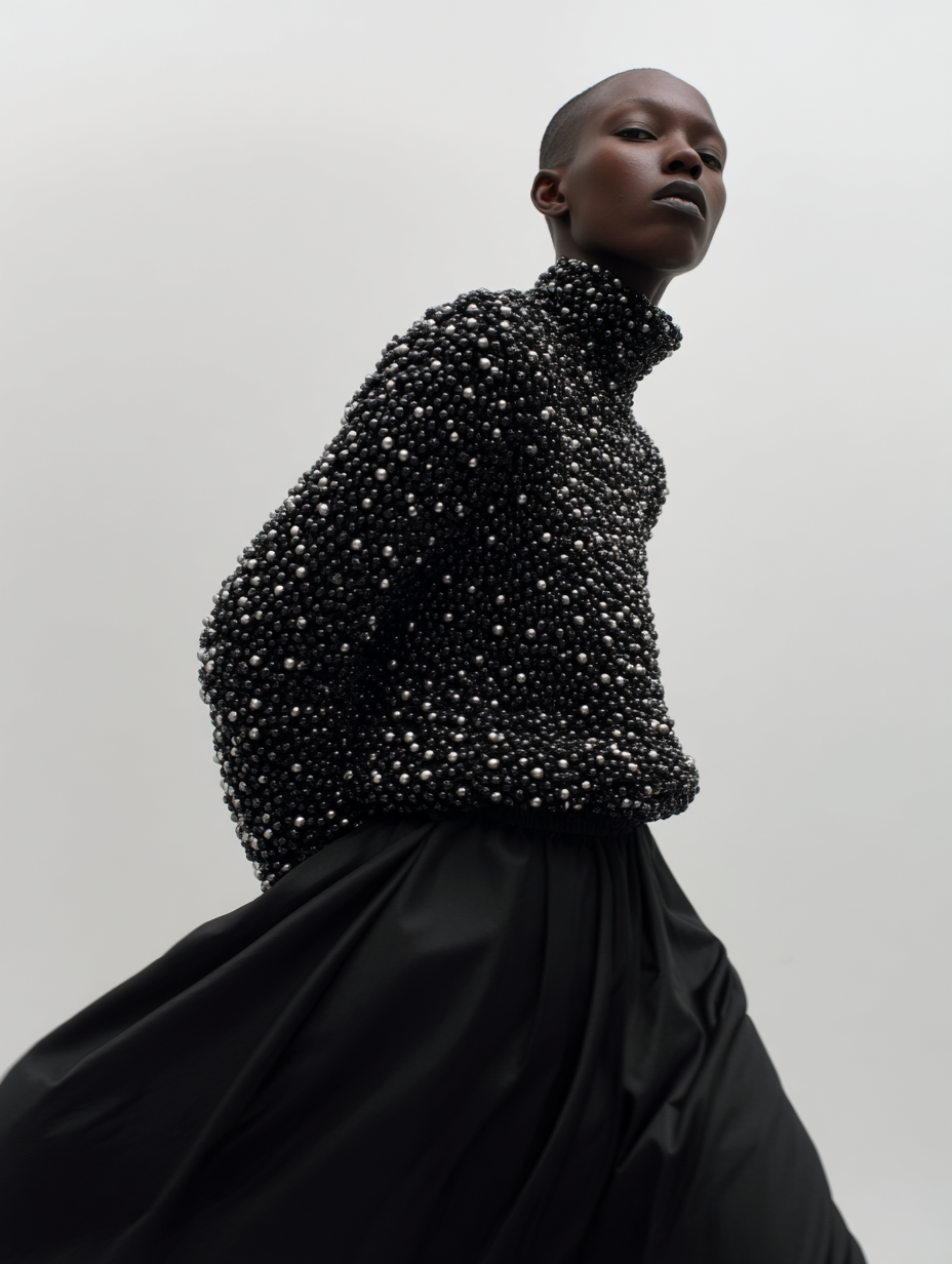 Fashion portrait of a Black woman in a dark, pearl-studded turtleneck and flowing skirt, shot from a low angle against a grey background.