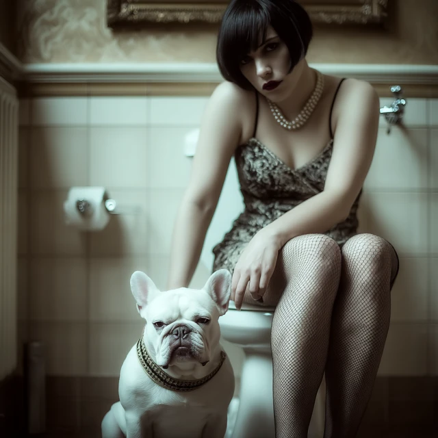 Portrait of an adult woman in flapper style sitting on a toilet with a French bulldog in an indoor bathroom setting.