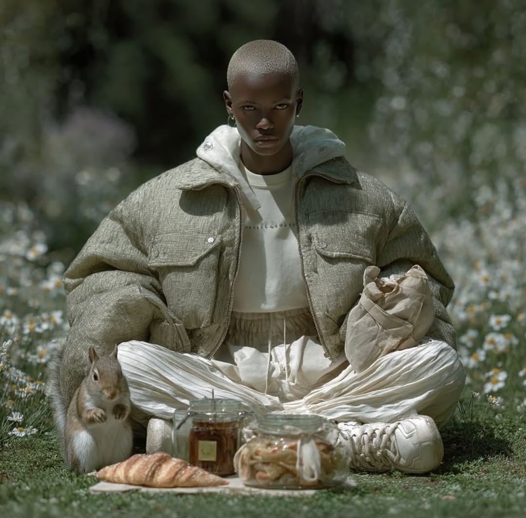 Woman in oversized jacket sits cross-legged outdoors with squirrel, croissant, and jars in field of white flowers in natural light.