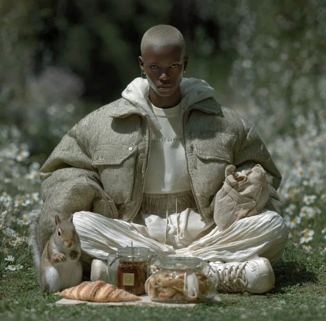 Woman in oversized jacket sits cross-legged outdoors with squirrel, croissant, and jars in field of white flowers in natural light.