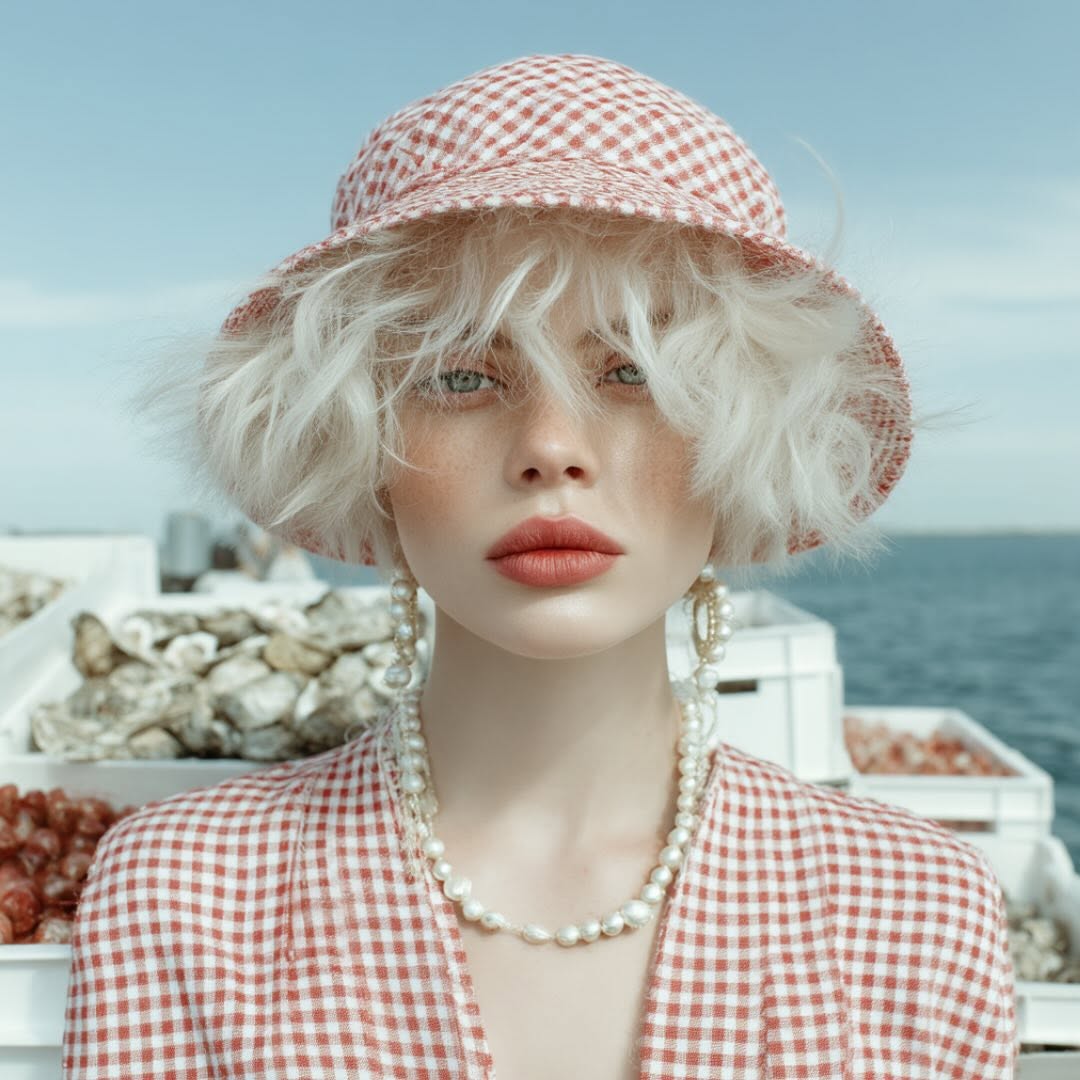 Portrait of a young woman with pale blonde hair wearing a red and white gingham hat, pearl jewelry, and matching blouse, in a coastal setting.